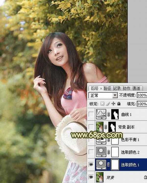 Photoshop为绿树边的美女调制出柔美的黄褐色效果