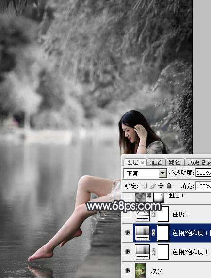 Photoshop使用图层样式打造唯美的古典淡蓝色树林人物图片